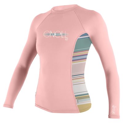 O'Neill Wetsuits Girls' Standard Premium Skins Long Sleeve Rash Guard, Peony/Baja Stripe/Peony, 4