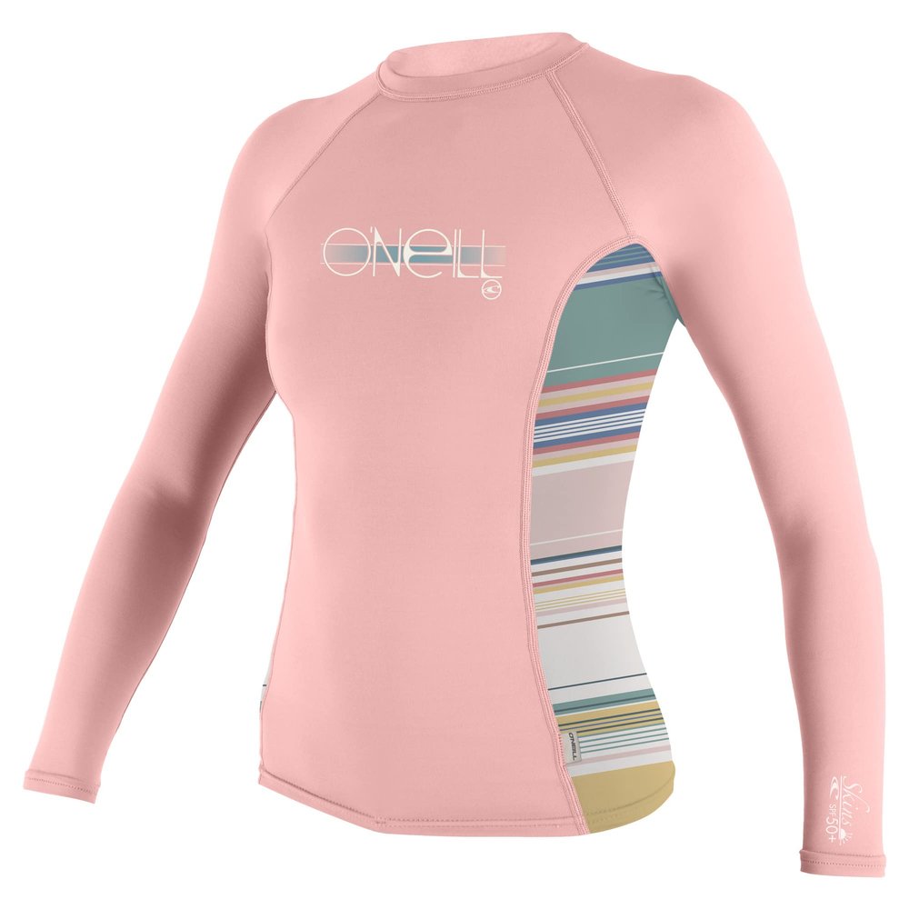 O'Neill Wetsuits Girls' Standard Premium Skins Long Sleeve Rash Guard, Peony/Baja Stripe/Peony, 4