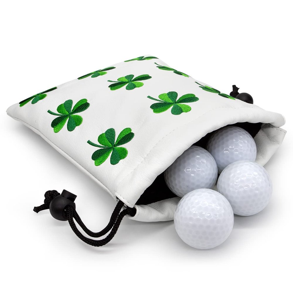 Aliennana Golf Valuables Pouch, Leather Tee Pouch with Drawstring Closure Balls Tees Handbag Portable Golf Ball Accessories for Men Women (Lucky Clover)