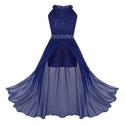 Sywiyi Big Girls Junior V Neck Chiffon Long Party Wedding Prom Romper Gown Flower Girls Dress B Blue 10 Years