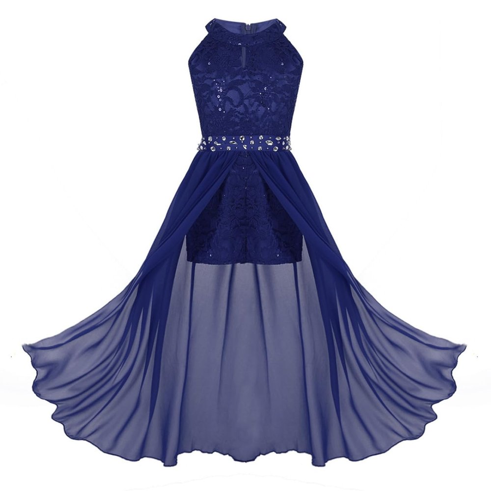 Sywiyi Big Girls Junior V Neck Chiffon Long Party Wedding Prom Romper Gown Flower Girls Dress B Blue 10 Years