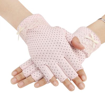 Womens Lace Sun Protection Driving Gloves Non-Slip Breathable Cotton Fingerless Sunblock Mitten for Fishing Cycling Riding