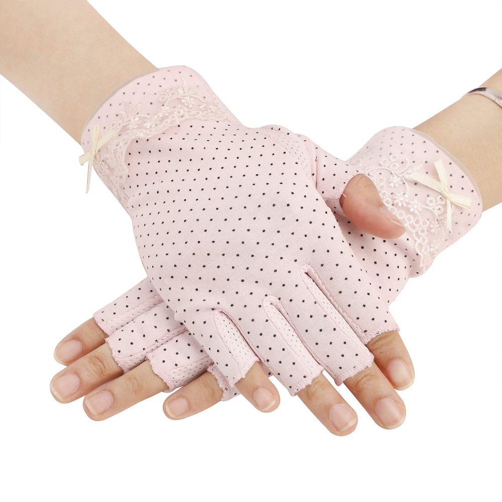 Womens Lace Sun Protection Driving Gloves Non-Slip Breathable Cotton Fingerless Sunblock Mitten for Fishing Cycling Riding