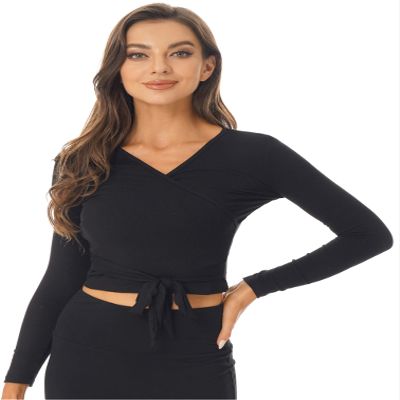 Yhong Women's Long Sleeve Ballet Belly Dance Cardigan Wrap Top V Neck Crochet Tops Gym Yoga Sport Cover Up Black X-Large