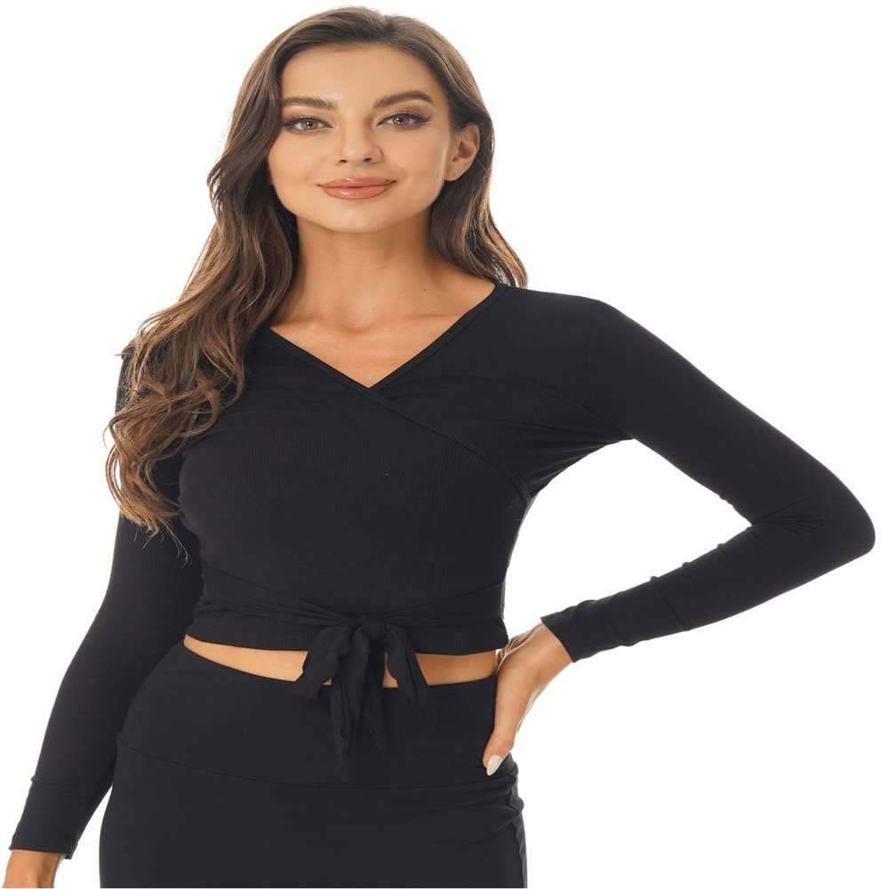 Yhong Women's Long Sleeve Ballet Belly Dance Cardigan Wrap Top V Neck Crochet Tops Gym Yoga Sport Cover Up Black X-Large