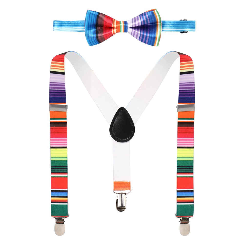 IBTOM CASTLE Baby Boys Y Back Adjustable Elastic Suspender Strong Sturdy Clip-on Braces Pre tied Bow Tie Set Kids Perfect for Tuxedo Rainbow One Size