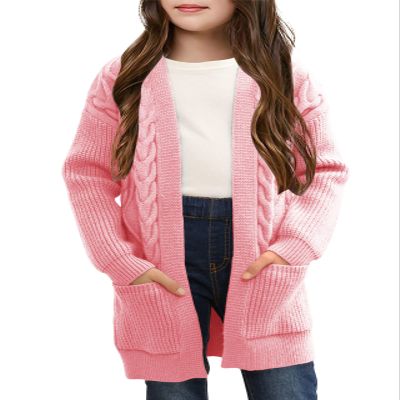 Ermonn Girls Kids Open Front Cardigans Sweaters Long Sleeve Knit Cute Sweater Outwears with Pockets for 5-14 Years Pink