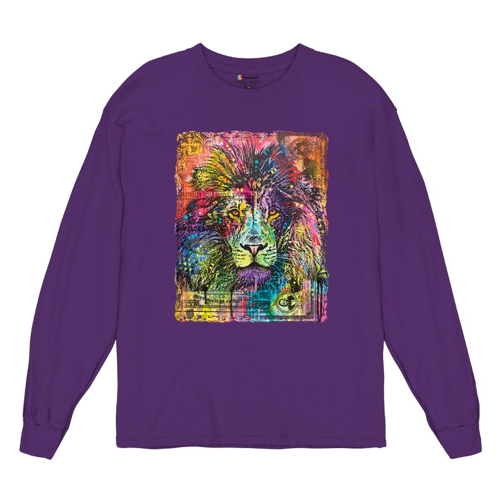 Dean Russo Colorful Lion Head Long Sleeve T-Shirt Wild Life King Roar Purple Small
