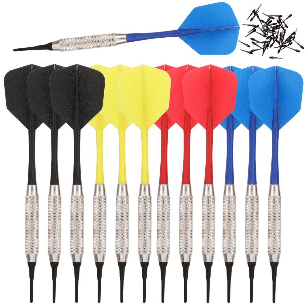 SHOT TAKER CO. Soft Tip Darts Set | 12pc Bar Darts | 50 Extra Black Tips | 3 Colors | Fun Set for 4 Players on Electronic/Plastic Dartboard (STC10449-17g-Bar Style)