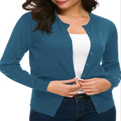 Urban CoCo Women's Long Sleeve Crew Neck Button Down Knit Cardigan Sweater (XL, Indigo Blue)