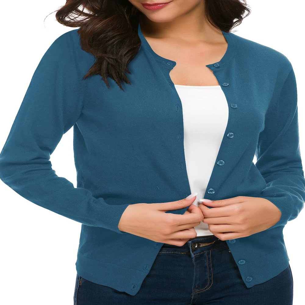 Urban CoCo Women's Long Sleeve Crew Neck Button Down Knit Cardigan Sweater (XL, Indigo Blue)