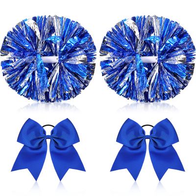 Canlierr 4 Pcs Cheerleading Pom Poms with Baton Handle and Cheerleader Hair Bows, 14 Inch Metallic Cheer Supplies for School Team Spirit Sports Dance Cheering(Blue)