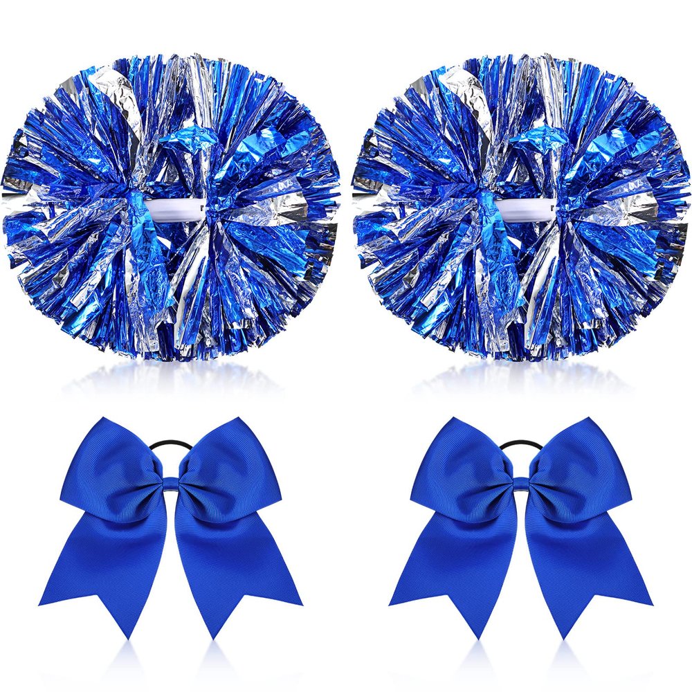 Canlierr 4 Pcs Cheerleading Pom Poms with Baton Handle and Cheerleader Hair Bows, 14 Inch Metallic Cheer Supplies for School Team Spirit Sports Dance Cheering(Blue)