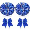 Canlierr 4 Pcs Cheerleading Pom Poms with Baton Handle and Cheerleader Hair Bows, 14 Inch Metallic Cheer Supplies for School Team Spirit Sports Dance Cheering(Blue)