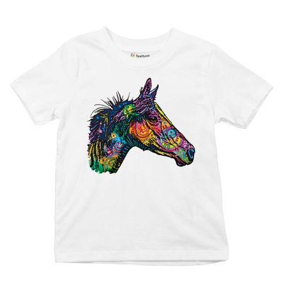 Dean Russo Colorful Horse Youth T-Shirt Neon Mosaic Wild Mustang Kids White Small