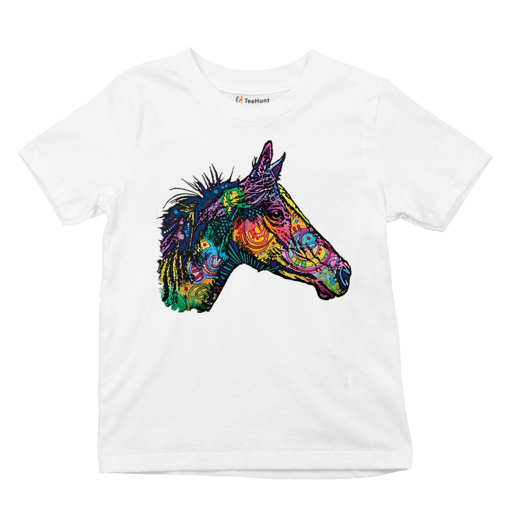 Dean Russo Colorful Horse Youth T-Shirt Neon Mosaic Wild Mustang Kids White Small