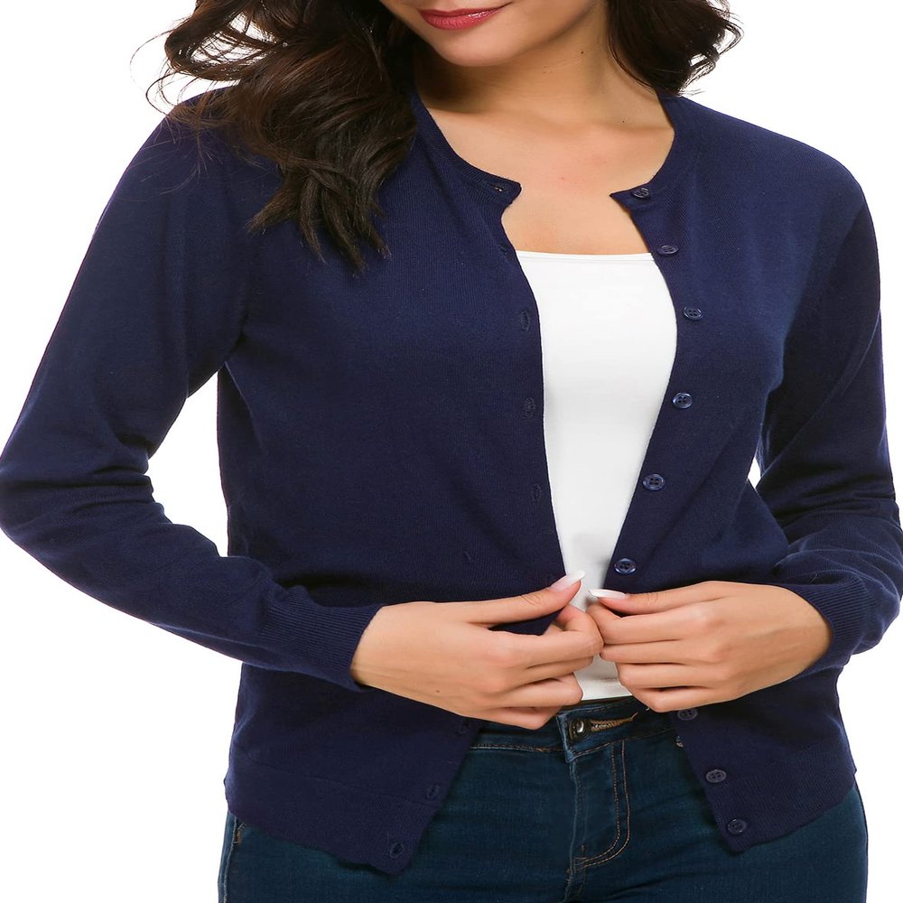 Urban CoCo Women's Long Sleeve Crew Neck Button Down Knit Cardigan Sweater (2XL, Navy Blue)