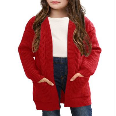 Ermonn Girls Kids Open Front Cardigans Sweaters Long Sleeve Knit Cute Sweater Outwears with Pockets for 5-14 Years Red