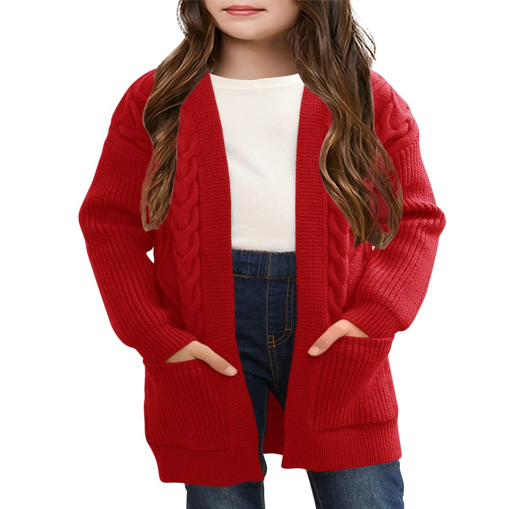 Ermonn Girls Kids Open Front Cardigans Sweaters Long Sleeve Knit Cute Sweater Outwears with Pockets for 5-14 Years Red