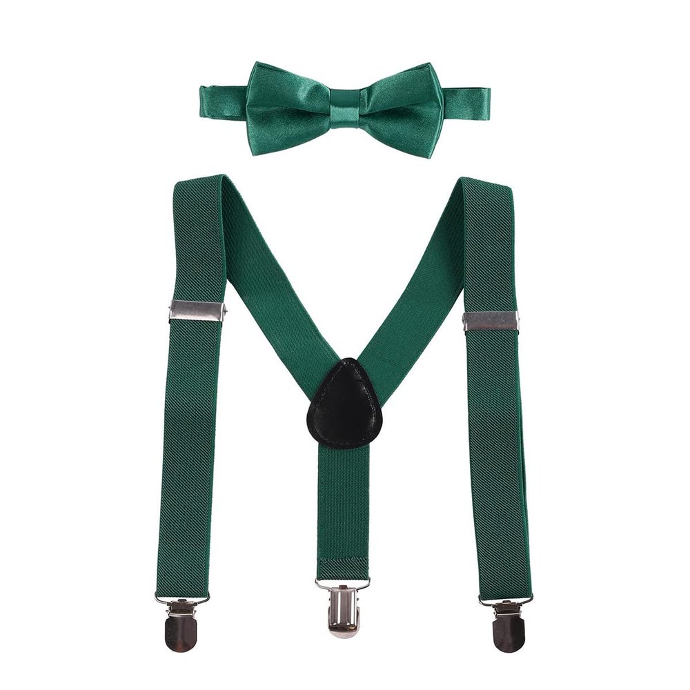 IBTOM CASTLE Baby Boys Y Back Adjustable Elastic Suspender Strong Sturdy Clip-on Braces Pre tied Bow Tie Set Kids Perfect for Tuxedo Dark Green One Size