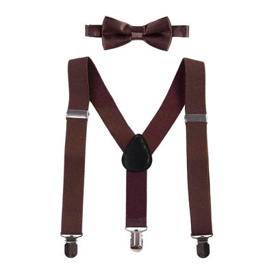IBTOM CASTLE Baby Boys Y Back Adjustable Elastic Suspender Strong Sturdy Clip-on Braces Pre tied Bow Tie Set Kids Perfect for Tuxedo Coffee One Size