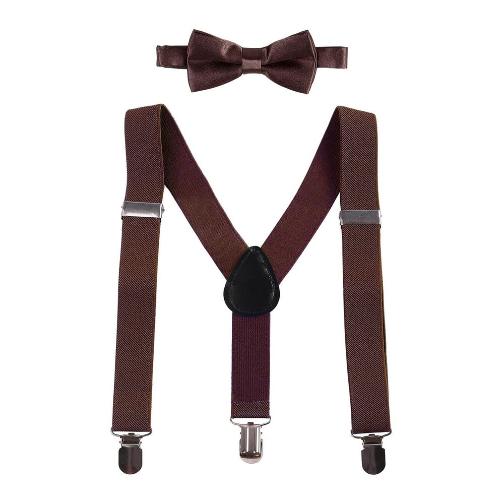 IBTOM CASTLE Baby Boys Y Back Adjustable Elastic Suspender Strong Sturdy Clip-on Braces Pre tied Bow Tie Set Kids Perfect for Tuxedo Coffee One Size