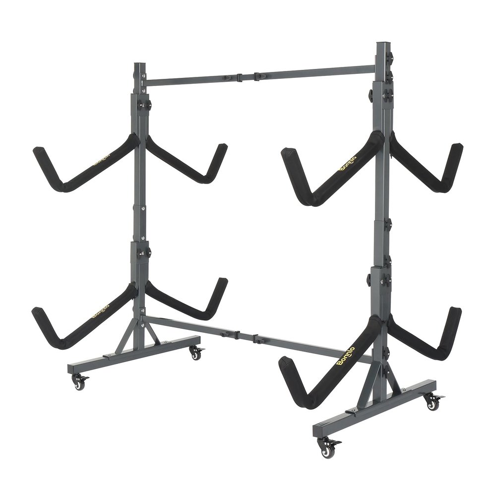 Bonnlo Freestanding Kayak Rack, Indoor Outdoor Storage Stand for 4 Kayak, Canoe, Boat, Paddle Board, SUP, Surfboard Width Adjustable Carrier Floor Holder with Lockable Wheels for Garage, Shed, Dock