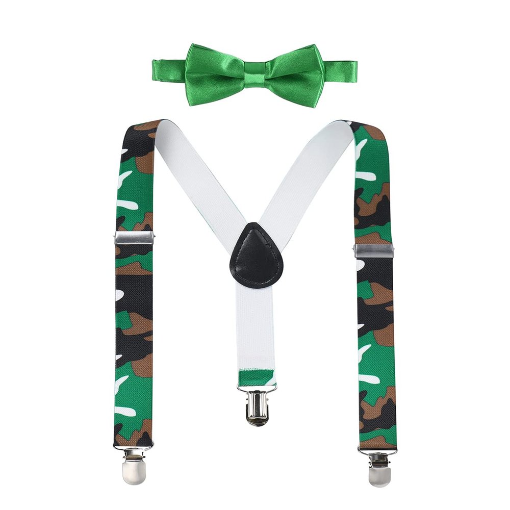 IBTOM CASTLE Baby Boys Y Back Adjustable Elastic Suspender Strong Sturdy Clip-on Braces Pre tied Bow Tie Set Kids Perfect for Tuxedo Camouflage One Size