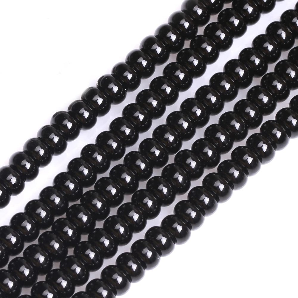 GEM-Inside 4X6mm Black Agate Natural Roundell Smooth Crystal Loose Spacer Stone Beads for Bracket Necklace Earrings Making Adults 15"