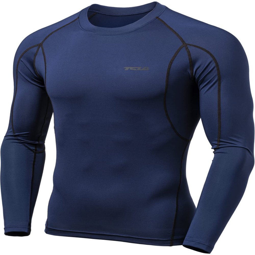 TSLA Men's UPF 50+ Compression Shirts, Cool Dry Long Sleeve Athletic Tops, Sports Baselayer Workout Shirt, Navy, Small