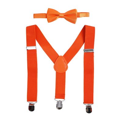IBTOM CASTLE Baby Boys Y Back Adjustable Elastic Suspender Strong Sturdy Clip-on Braces Pre tied Bow Tie Set Kids Perfect for Tuxedo Orange One Size