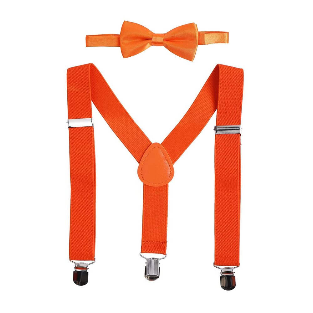 IBTOM CASTLE Baby Boys Y Back Adjustable Elastic Suspender Strong Sturdy Clip-on Braces Pre tied Bow Tie Set Kids Perfect for Tuxedo Orange One Size