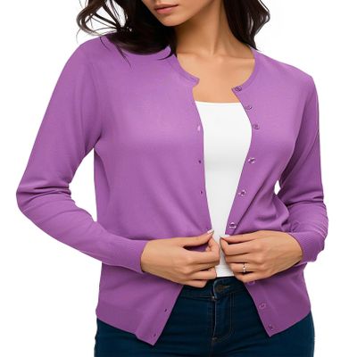 Urban CoCo Women's Long Sleeve Crew Neck Button Down Knit Cardigan Sweater (2XL, Light Purple)