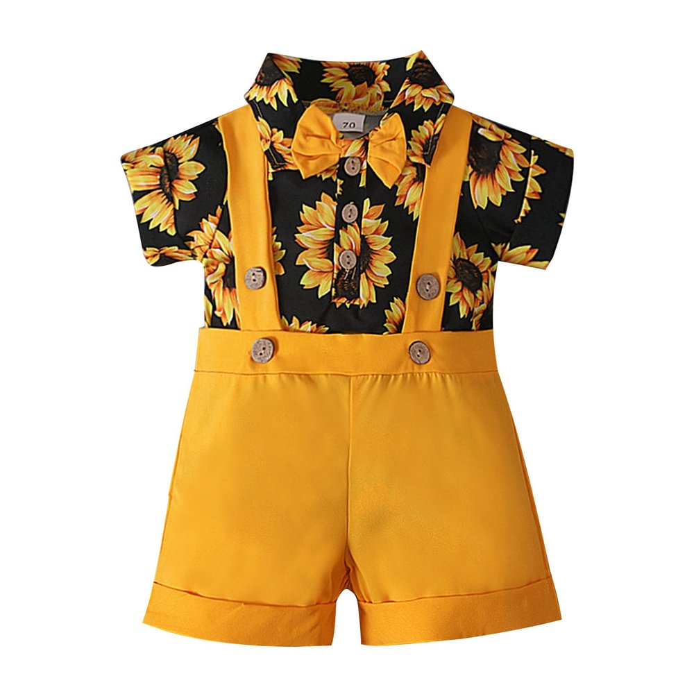 Infant Set Toddler Boys Summer Set Sunflowers Print Romper Bosysuit Solid Shorts Trousers Set Casual Clothes Outfits