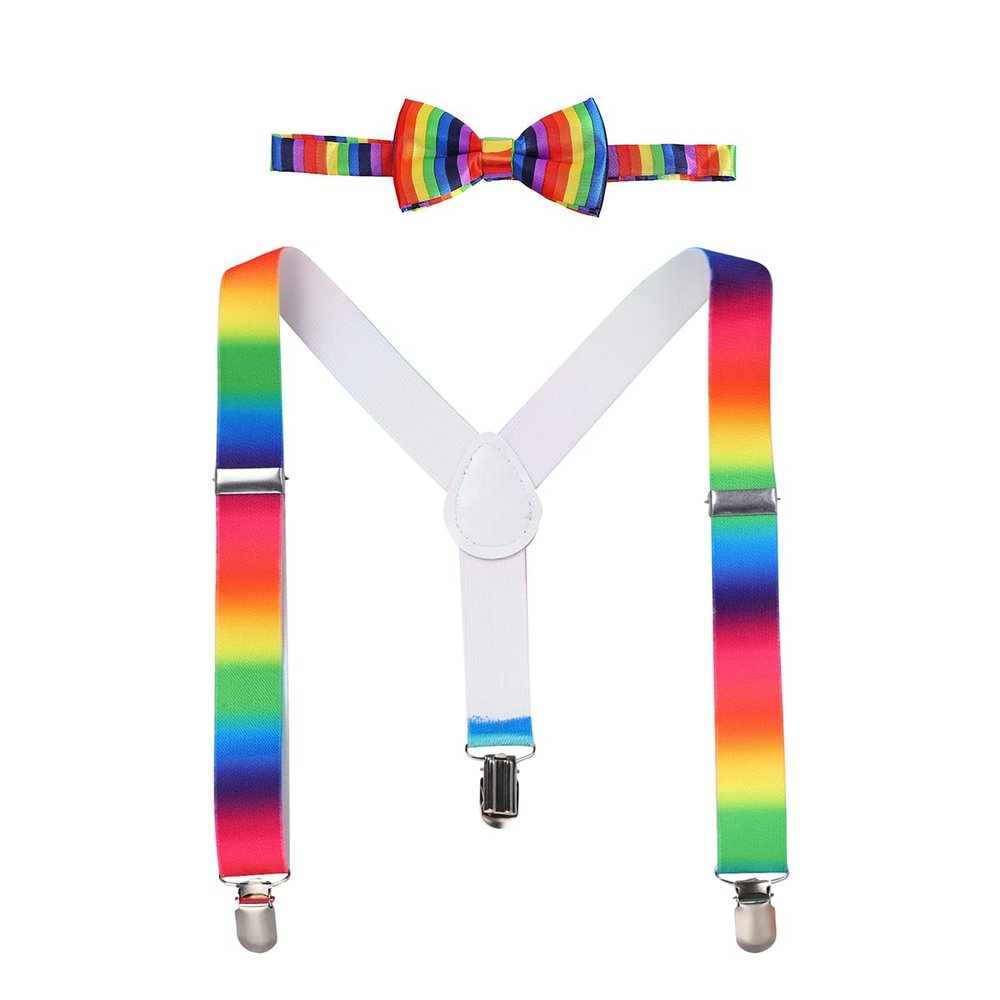 IBTOM CASTLE Baby Boys Y Back Adjustable Elastic Suspender Strong Sturdy Clip-on Braces Pre tied Bow Tie Set Kids Perfect for Tuxedo Rainbow-1 One Size