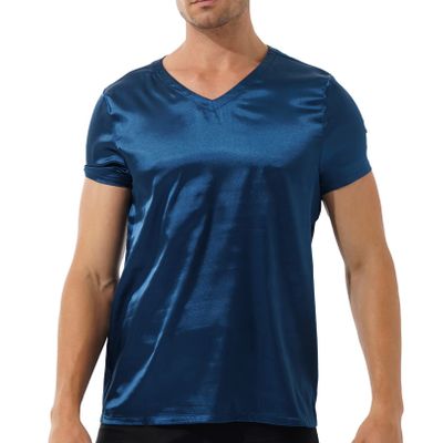 Jhaoyu Mens Silky Satin V Neck Short Sleeve Pajamas Shirts Tops Solid Color Loungewear T-Shirt Nightwear Navy_Blue X-Large