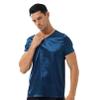 Jhaoyu Mens Silky Satin V Neck Short Sleeve Pajamas Shirts Tops Solid Color Loungewear T-Shirt Nightwear Navy_Blue X-Large view 2