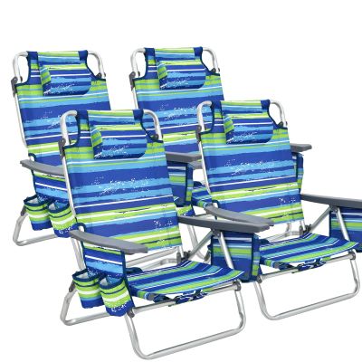 Goplus Beach Chair, 4 Pack Folding Backpack Beach Chairs for Adults with 5 Positions, Head Pillow, Cooler Bag, Towel Bar, Cup Holders, Sunbath Sling Tanning Lounge, Folding Layout Camping Chairs