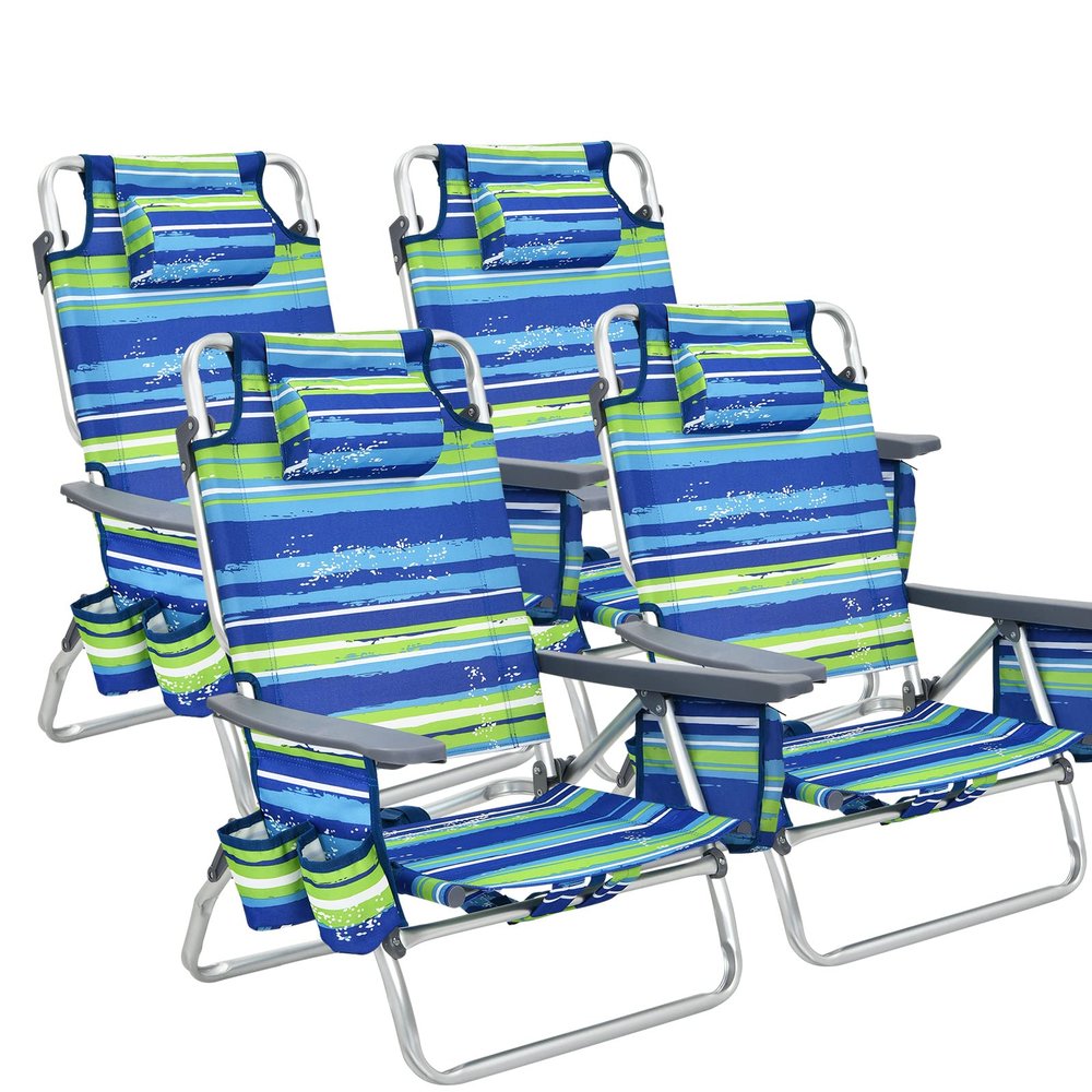 Goplus Beach Chair, 4 Pack Folding Backpack Beach Chairs for Adults with 5 Positions, Head Pillow, Cooler Bag, Towel Bar, Cup Holders, Sunbath Sling Tanning Lounge, Folding Layout Camping Chairs