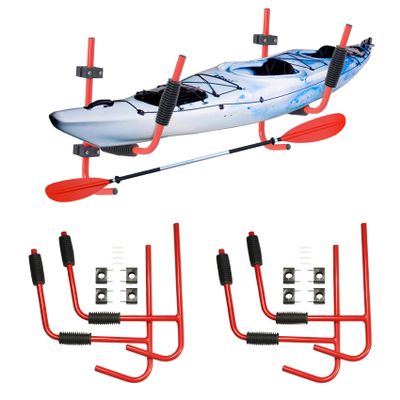 PIRIPARA Kayak Storage Rack Wall Mount 2 Pairs Garage Kayak Storage Hanger, Wall Bracket Holder for Kayaks, Canoe, Surfboard, Paddle Board, Max Load 100LBs, Red