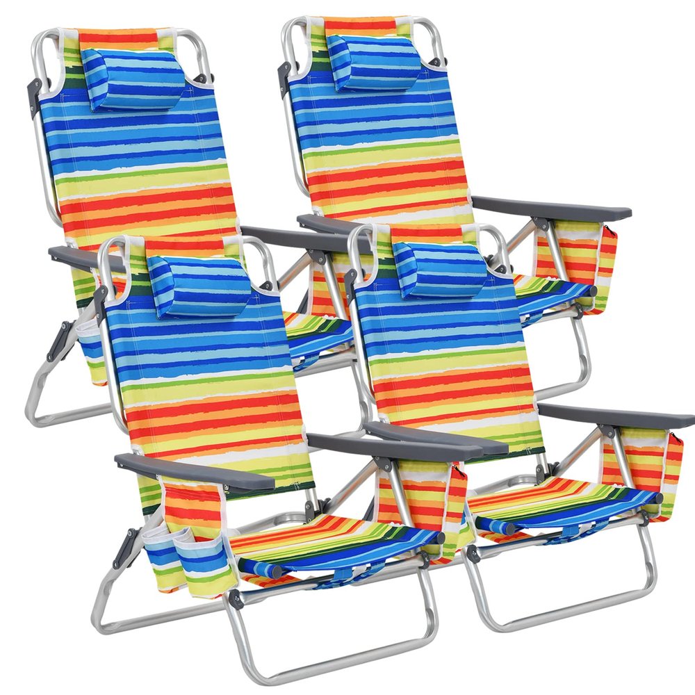 Goplus Beach Chair, 4 Pack Folding Backpack Beach Chairs for Adults with 5 Positions, Head Pillow, Cooler Bag, Towel Bar, Cup Holders, Sunbath Sling Tanning Lounge, Folding Layout Camping Chairs