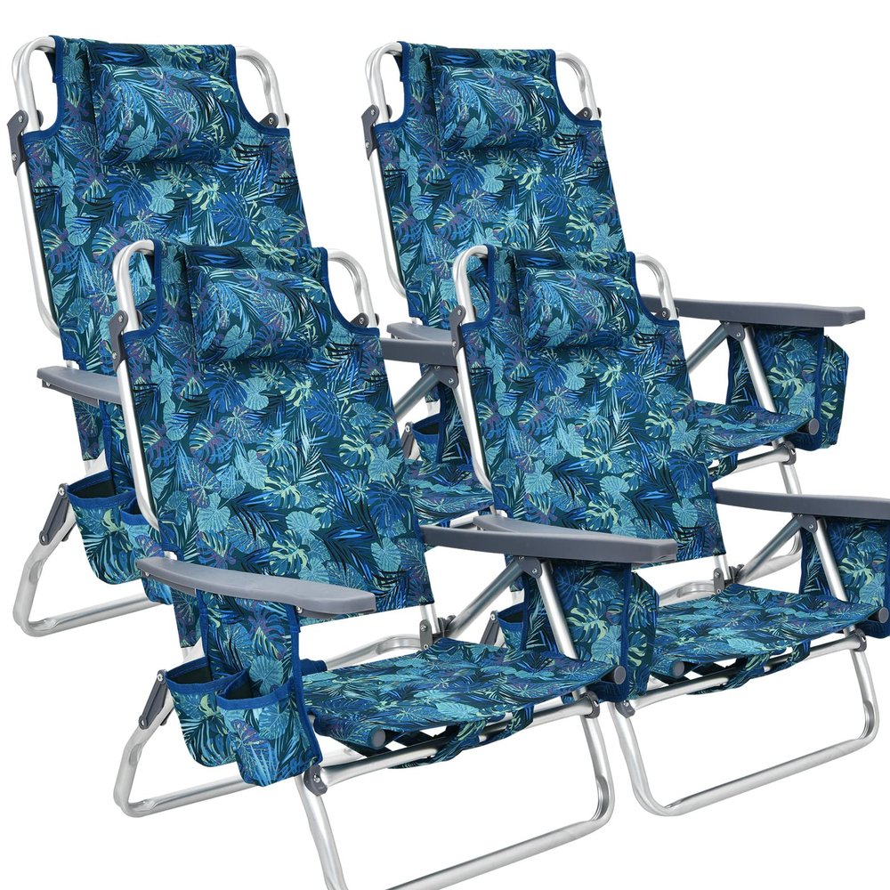 Goplus Beach Chair, 4 Pack Folding Backpack Beach Chairs for Adults with 5 Positions, Head Pillow, Cooler Bag, Towel Bar, Cup Holders, Sunbath Sling Tanning Lounge, Folding Layout Camping Chairs