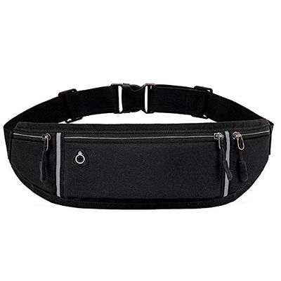 ANXTO Universal Running belt with Extender, Runner Waist Pack with 3 Pockets, Hiking Travel Camp Running Workout Belt Bag, Reflective No Bounce Black Fanny Pack for Women Men (Black)