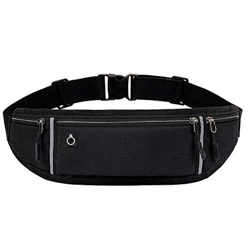 ANXTO Universal Running belt with Extender, Runner Waist Pack with 3 Pockets, Hiking Travel Camp Running Workout Belt Bag, Reflective No Bounce Black Fanny Pack for Women Men (Black)
