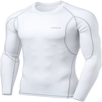 TSLA Men's UPF 50+ Compression Shirts, Cool Dry Long Sleeve Athletic Tops, Sports Baselayer Workout Shirt, White, Large