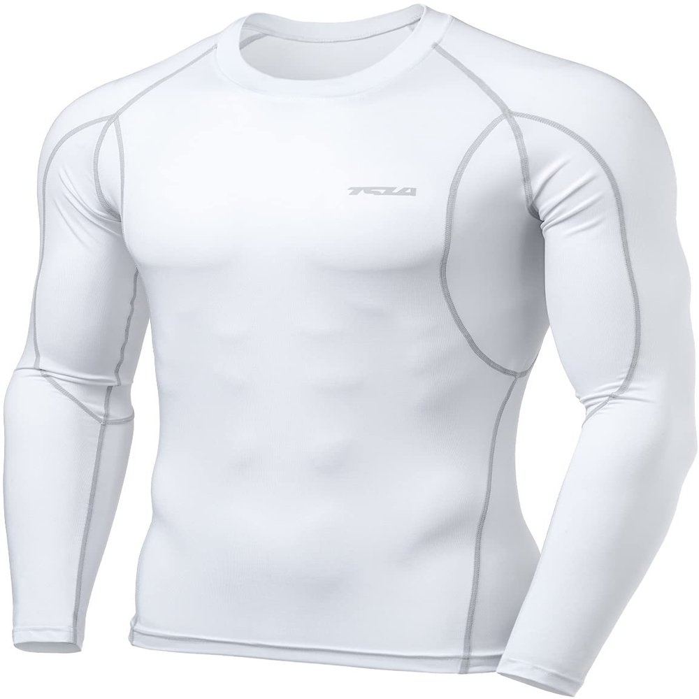 TSLA Men's UPF 50+ Compression Shirts, Cool Dry Long Sleeve Athletic Tops, Sports Baselayer Workout Shirt, White, Large