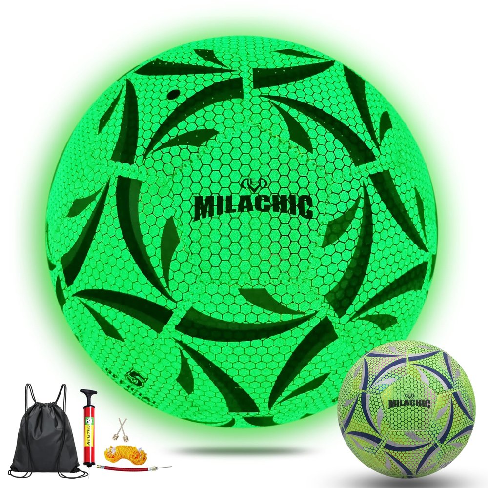 MILACHIC Soccer Ball, Glow in The Dark Soccer Ball Size 5, Glowing Luminous Green Soccer Balls Gifts for Teens, Men, Women Indoor Outdoor Soccer Training (with Pump)