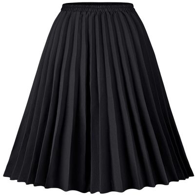 Basoteeuo Black Pleated Skirt for Women Midi Length Summer High Waisted A Line Elastic Waist Skirts M
