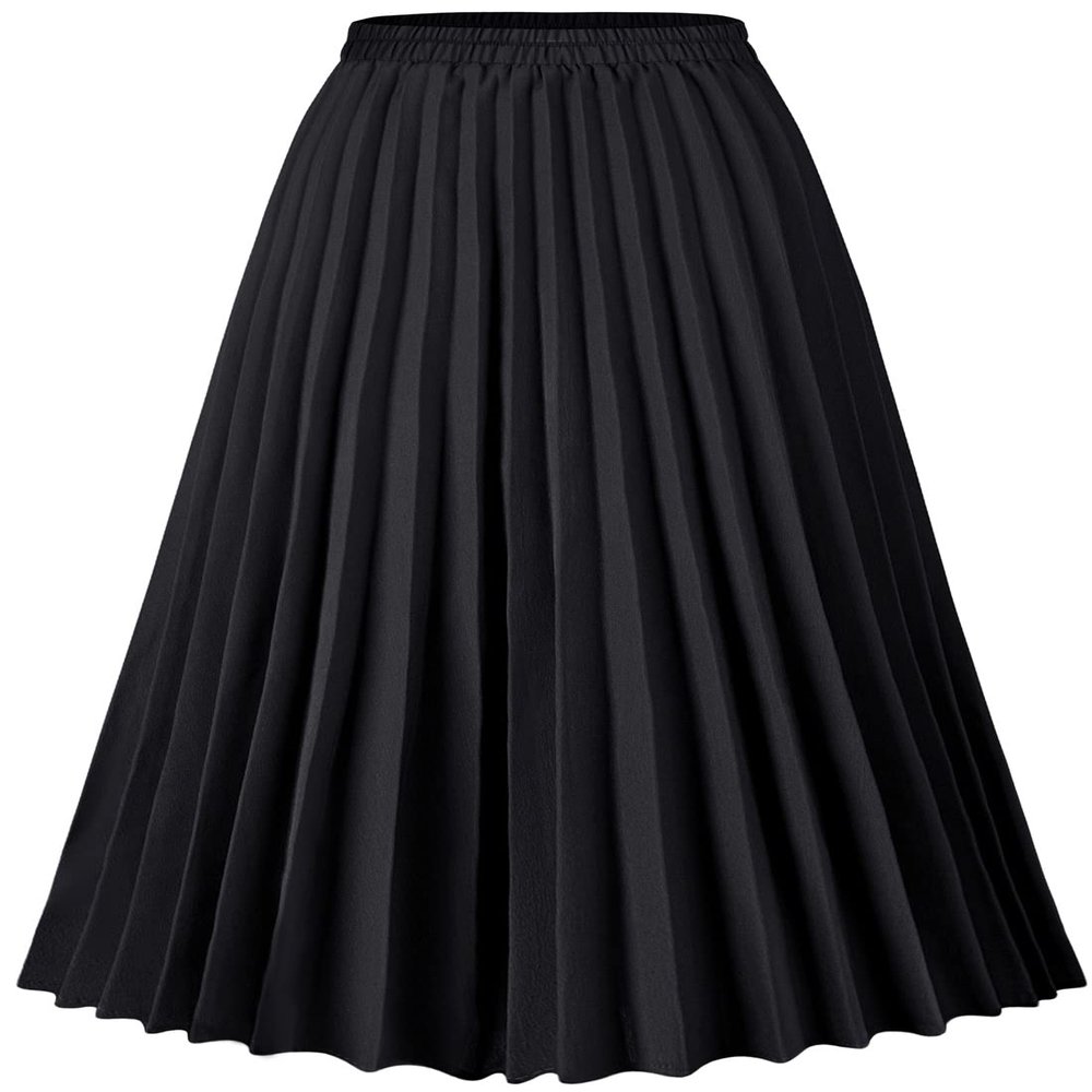 Basoteeuo Black Pleated Skirt for Women Midi Length Summer High Waisted A Line Elastic Waist Skirts S