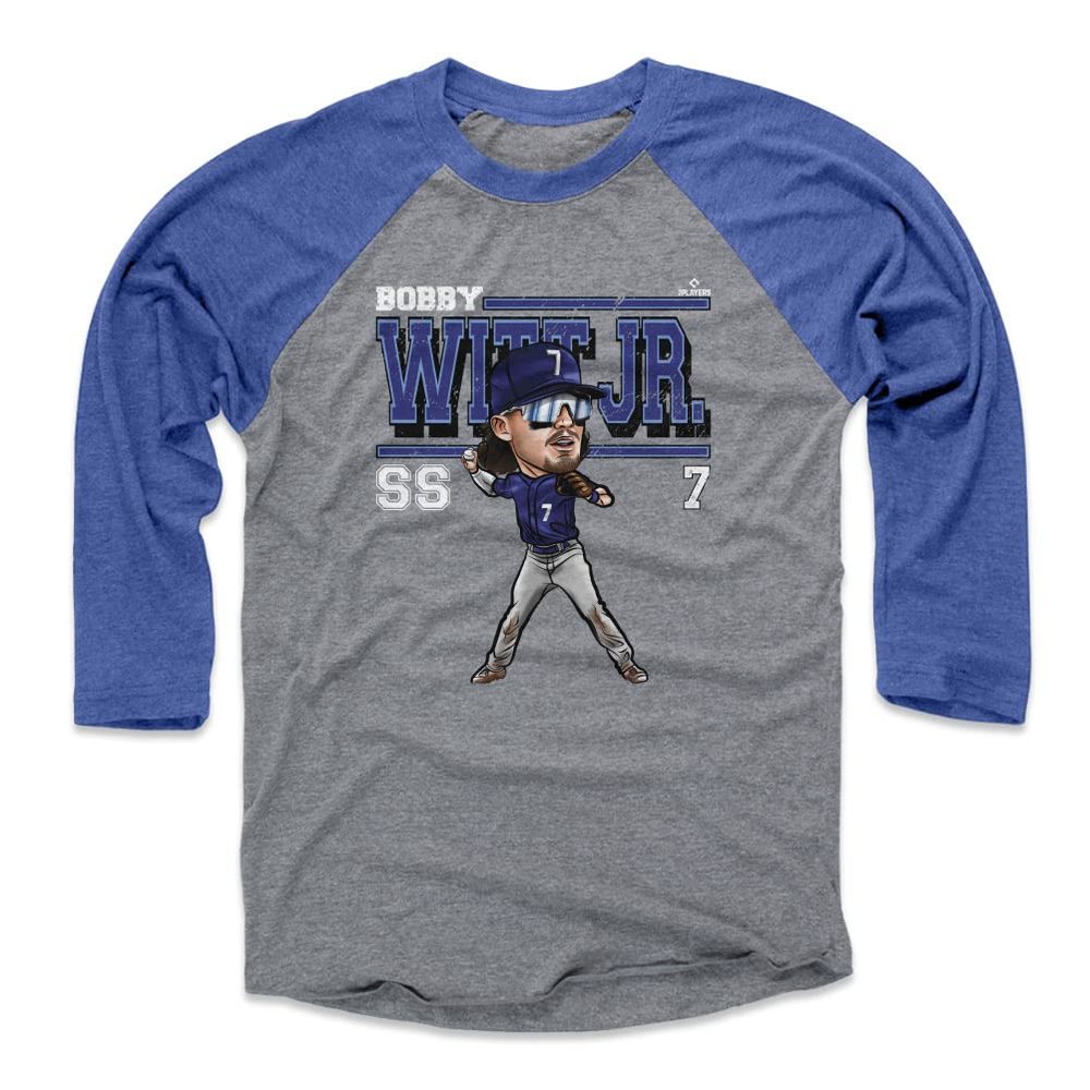 500 LEVEL Bobby WITT Jr. 3/4 Sleeve T-Shirt (Baseball T, XXX-Large, Royal/Heather Gray) - Bobby WITT Jr. Kansas City Cartoon WHT